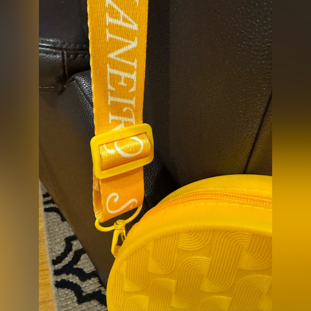 Sol de Janeiro Vibrant Round Mustard Yellow Rubber Crossbody Bag (8”x8”) unique - Picture 3 of 13